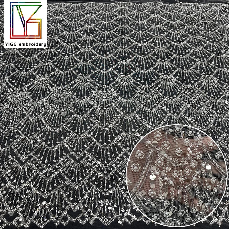 Quality Bridal Beads Lace Fabric White Net Embroidery Tulle With Pearl Sequins Lace Fabric