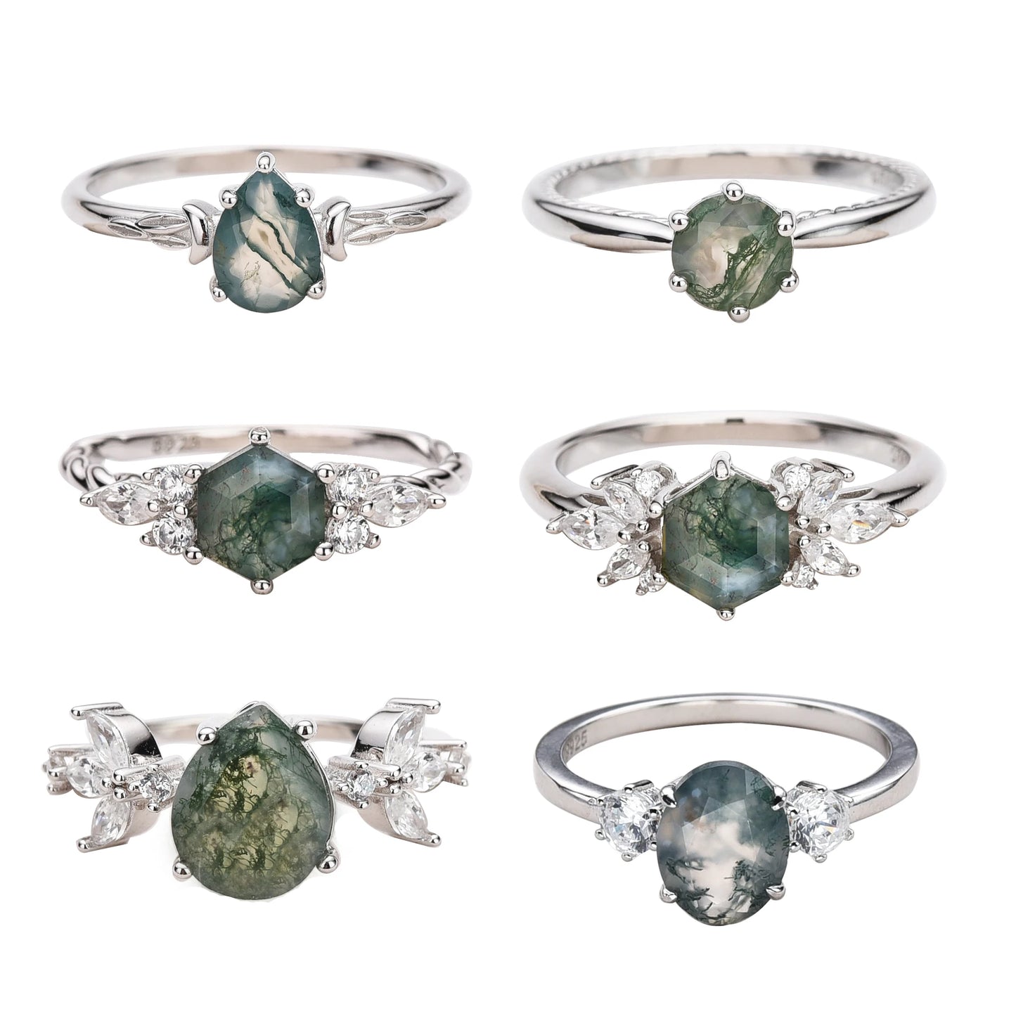Tarnish Free Rhodium Plated Engagement Fine Natural Gemstone 925 Silver Moss Agate Ring for Women