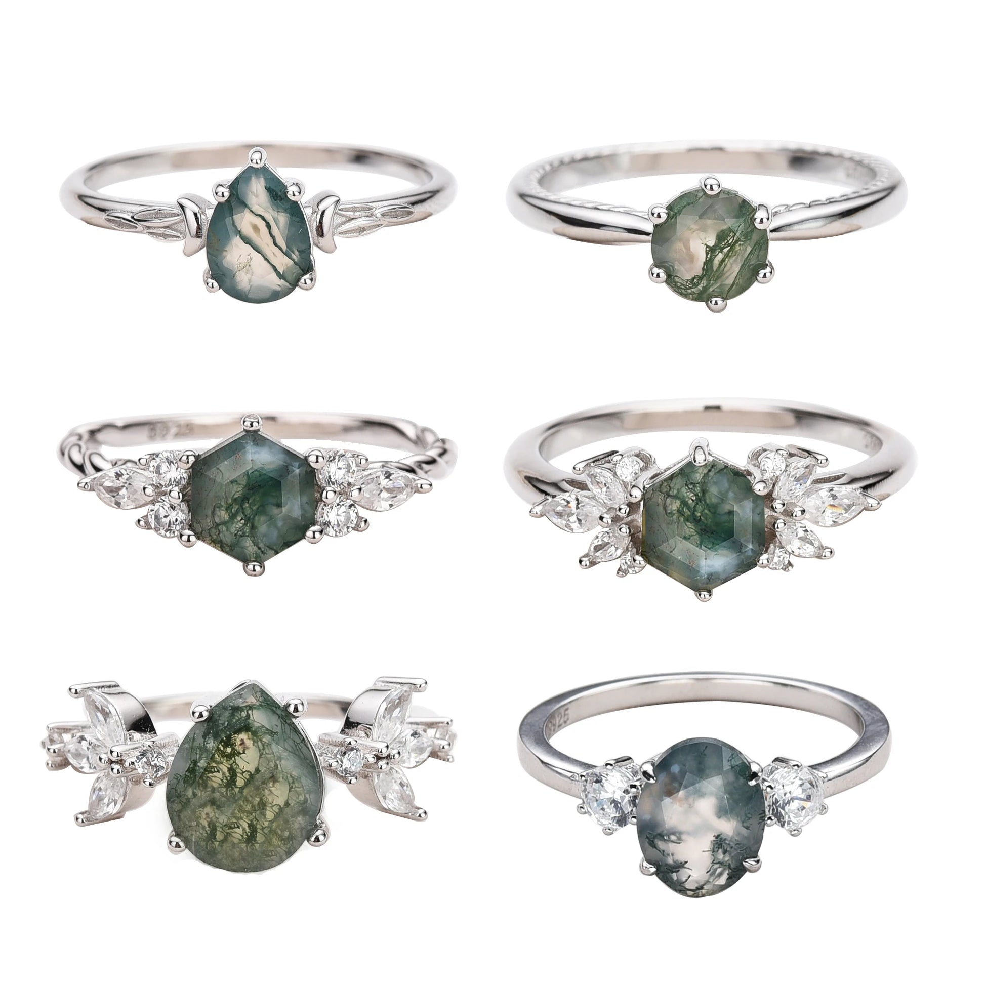 Tarnish Free Rhodium Plated Engagement Fine Natural Gemstone 925 Silver Moss Agate Ring for Women