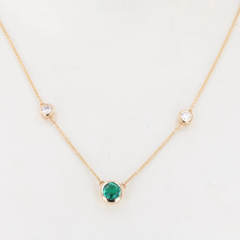 Fine Jewelry Necklaces Lab Emerald columbia Stone Round Shape Diamond Necklace 14k Gold 18 Inches.