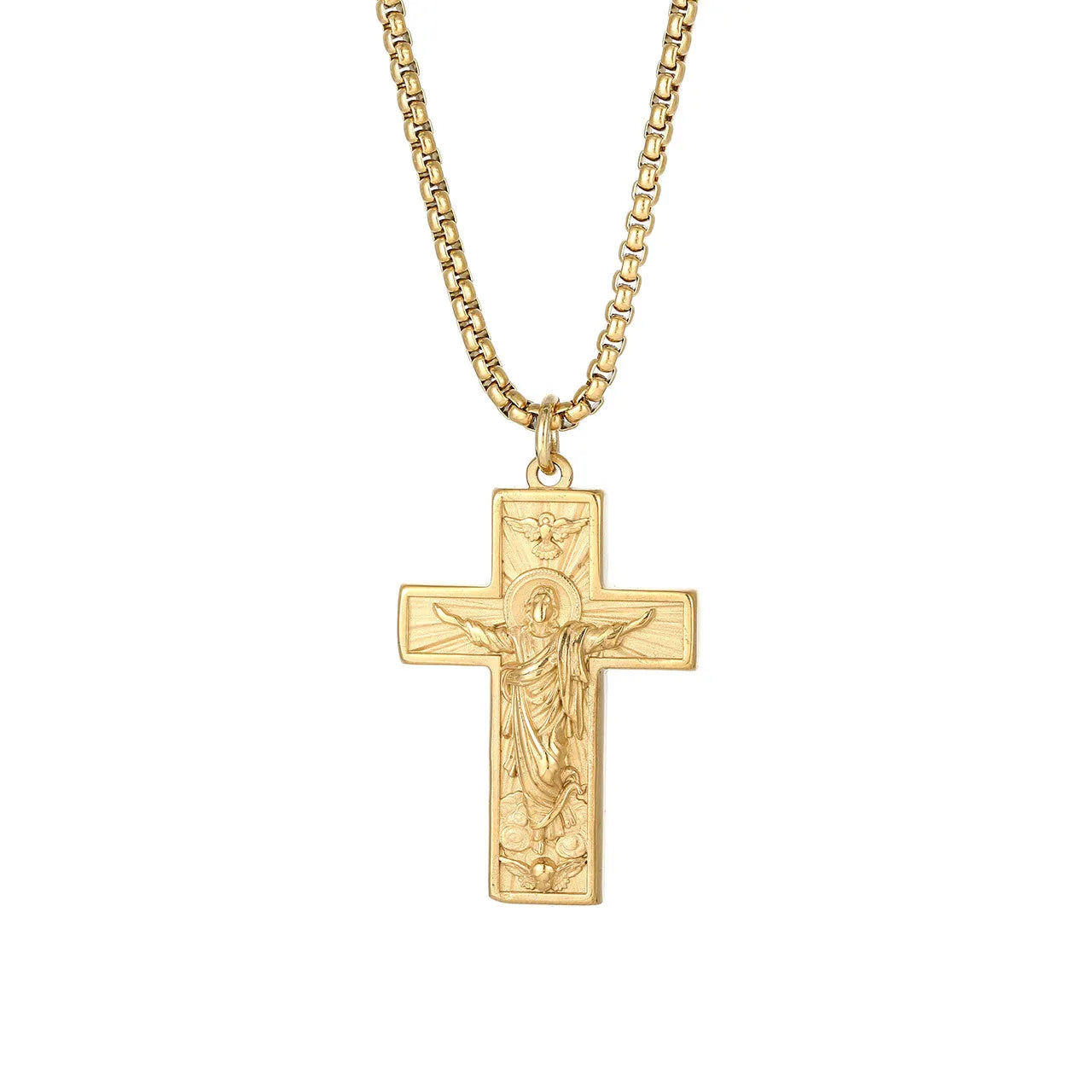 Fashion Retro Stainless Steel Cross Pendant Necklace String of Pearls 18k Gold Plated Waterproof Jewelry for Women