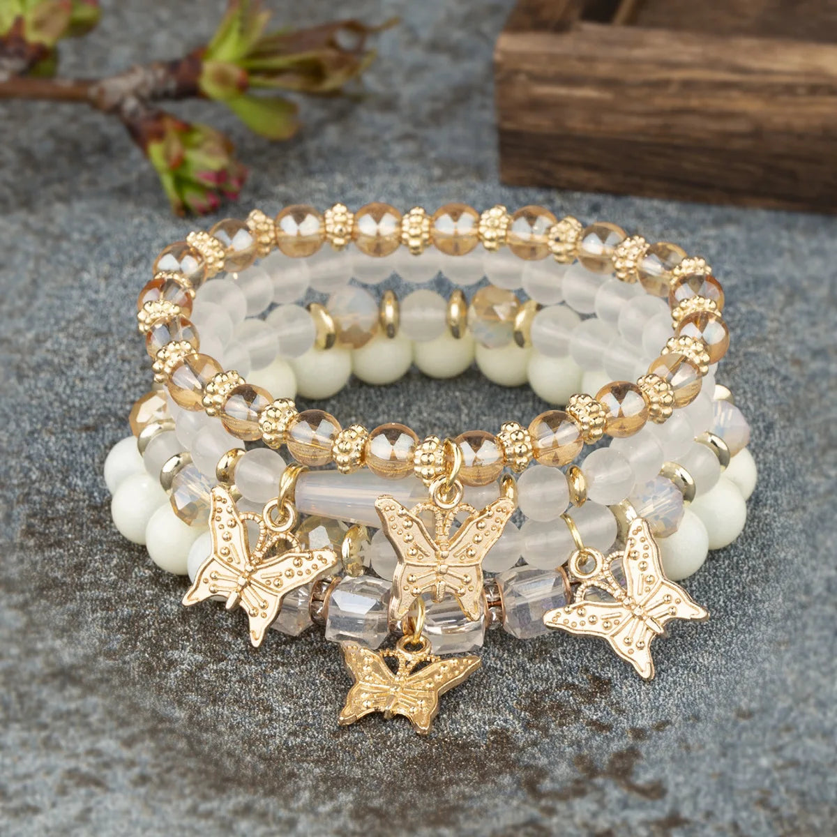 Boho Elastic Gold Plated Crystal Layered Butterfly Women Handmade  Multi Layered Beads Bracelet Jewelry for Gift