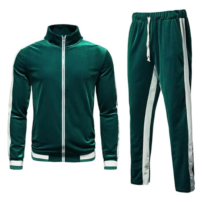 Men's 2 Pieces Full Zip Pure Color With Pipping Velvet Sport Suits Casual Outfits Jacket & Pants Fitness Tracksuit Set
