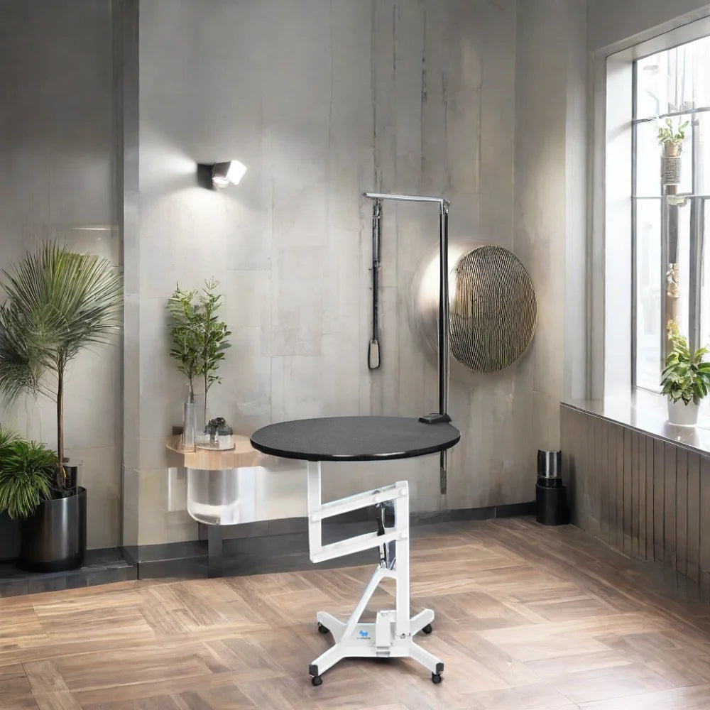 Sustainable Stainless Steel Round Grooming Table Air Lifting Adjustable Height Foldable for Dogs for Pet Shows and Dog Shows