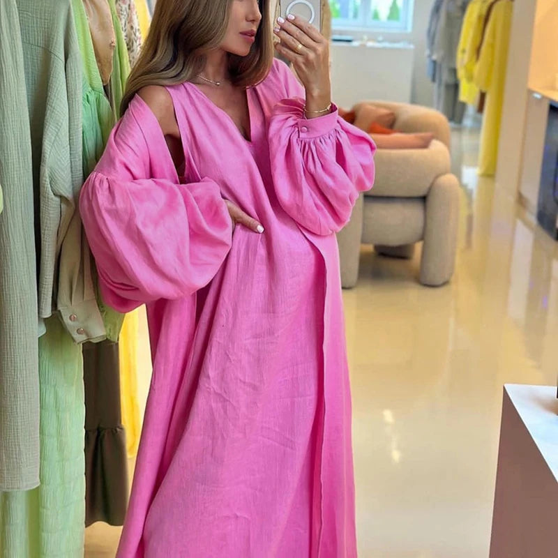Fashion Loose Pink Linen Dress Sets for Women 2 Pieces Elegant Long Sleeve Robes With V-Neck Sleeveless Long Dresses Set