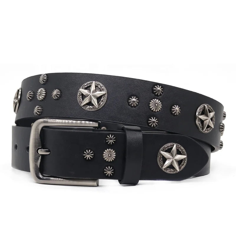 Designer Designed Black Domineering Punk Men's Pentagram Rivet Alloy Buckle Genuine Leather Belt