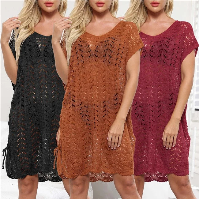 2022 New Lace Mesh Crochet Hollow Out Summer Beach Cover up Dress See Through Bikini Cover up Pareo and Sarong with 5 Colors