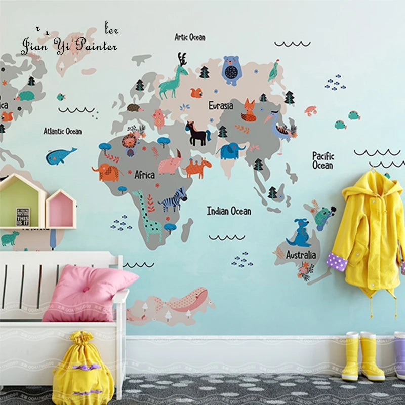 World Map Children's Room Wallpaper Nordic Mediterranean Cartoon Animals Tv Background Wall Mural Bedroom Wallpaper