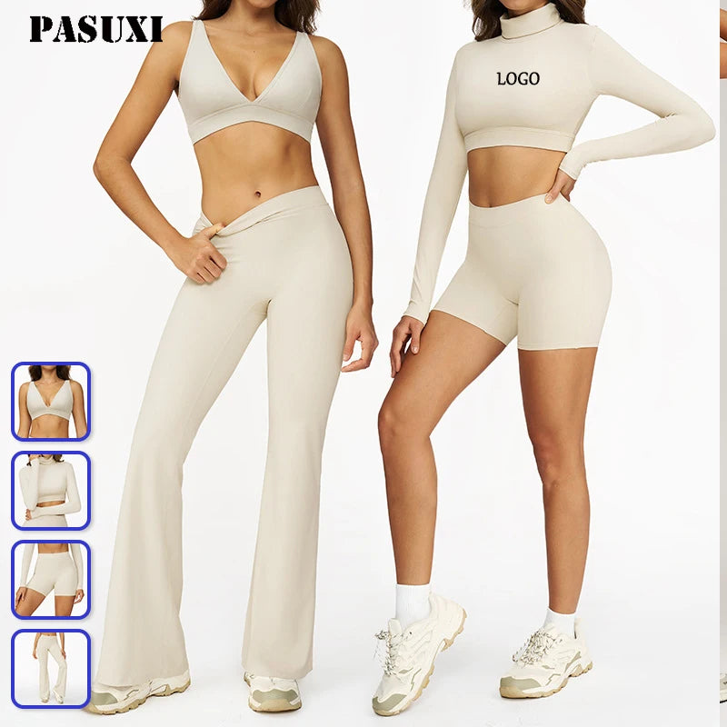 PASUXI Custom Logo Solid Color Gym Fitness Sets Women's Workout Pilates Yoga Sportswear Suit Plus Size Front Logo Position