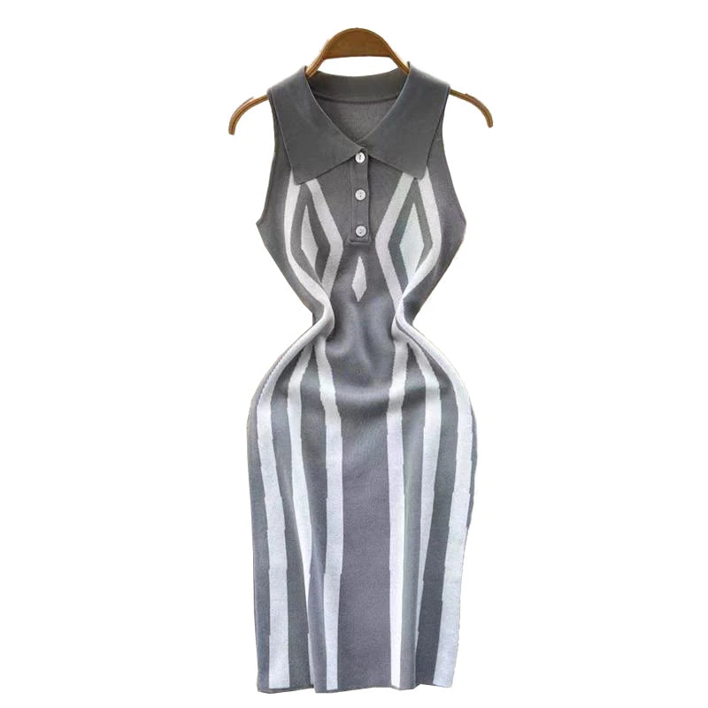 Women Sleeveless Elegance Bodycon Slim Lapel Collar Irregular Striped Knit Casual Playsuits Dress with Button