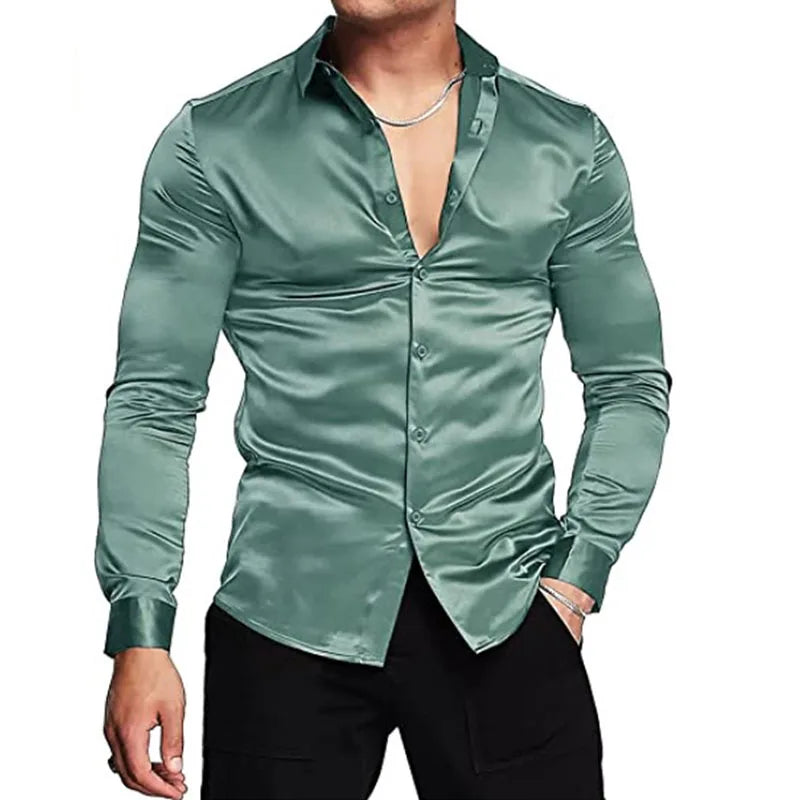 RNSHANGER Men's Luxurious Shiny Dress Shirt Long Sleeved Casual Slim Button-down Shirt Business Party Slim-fit Shirt