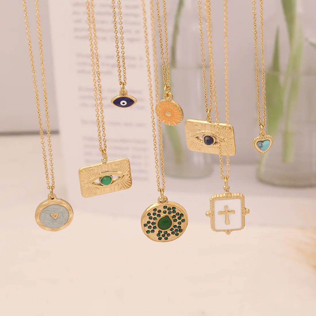 Bohemia Irregular Geometric Inlay Zircon Choker Necklace Evil Eyes Heart Cross Sun Pendant Stainless Steel Chain Necklace