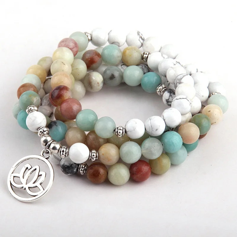 Fashion 8mm White Howlite Amazonite Stones Bohemian Tribal Jewelry Lotus Flower Charm Necklace 108 Mala Yoga Bracelet Necklac