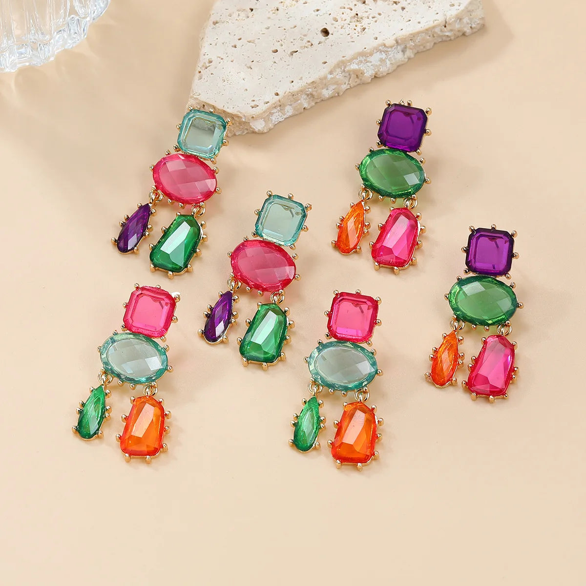 Trend Color Diamond Earrings Exaggerated Multi-layer Geometric Shape Matching Color Earrings Bohemian Ethnic Jewelry