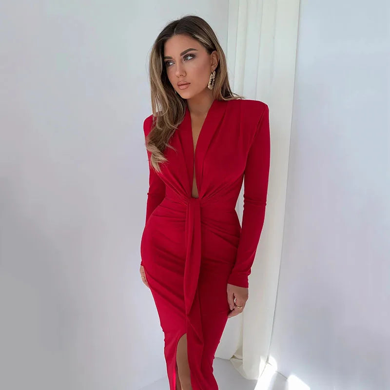 Simple and Sexy New Women's Long Sleeved Waistband Pleated Irregular Dress Long Skirt