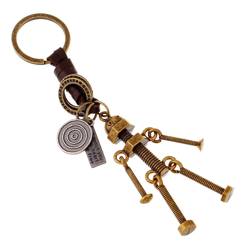 Fashion Jewelry Factory Outlet Sale Vintage Leather Key Ring Men Women Creative Robot Keychain Personalized Jewelry
