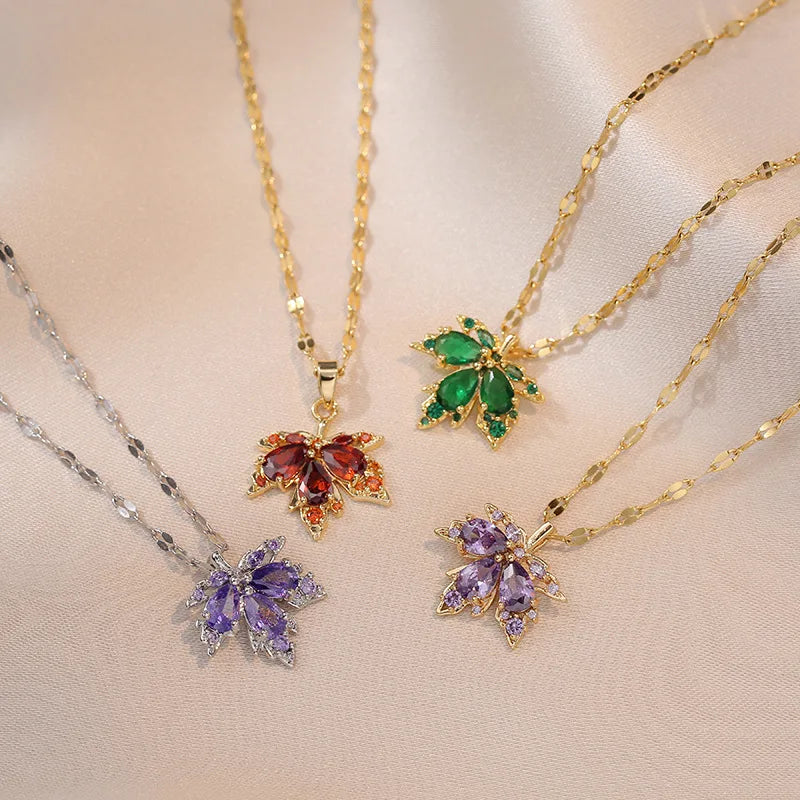 925 Sterling Silver Jewelry Maple Leaf 925 Silver Gold Plated Zircon Necklace Diamond Necklace for Women