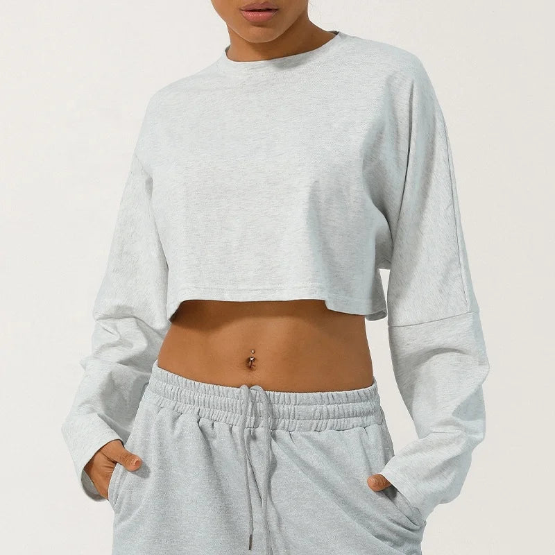 Women's Lightweight Plus Size Loose Fit Long Sleeve Cropped Yoga Crop Tops Round Neck Athletic Casual Cotton Workout Sweatshi