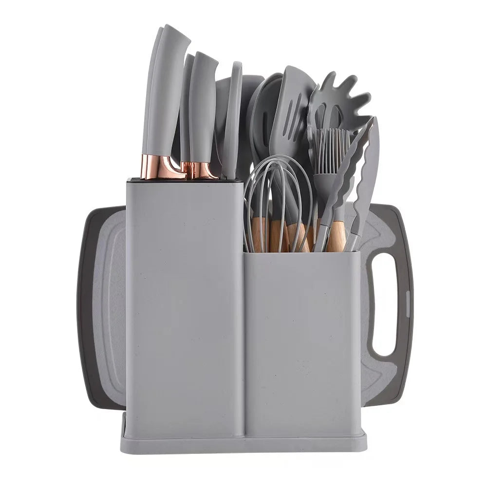 Hot Selling 19 Piece Set Non Stick Pots Cooking Spoon Silicone Kitchenware With Storage Bucket Knife Set