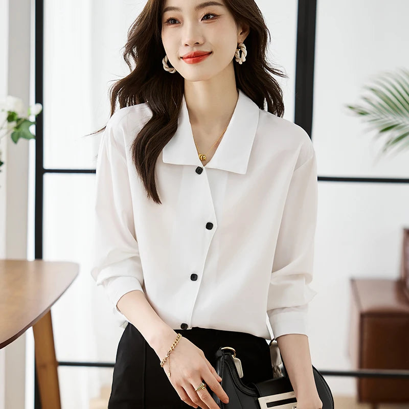 Women's Clothing Solid Blouses Turn-down Collar Regular Button Office Lady Simple Spring Summer Knitted Korean Casual 8919#