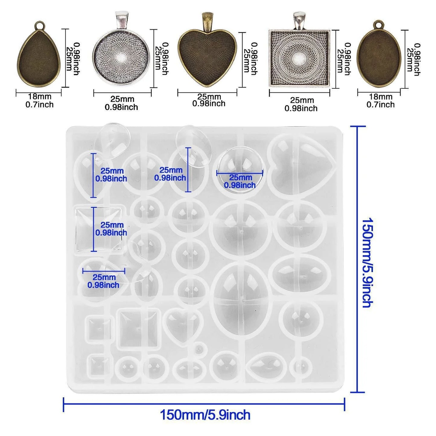 Wholesale  Silicone Mold Set for Alloy Pendant Including Round Square Heart Elliptical Designs Packaged in OPP Bag