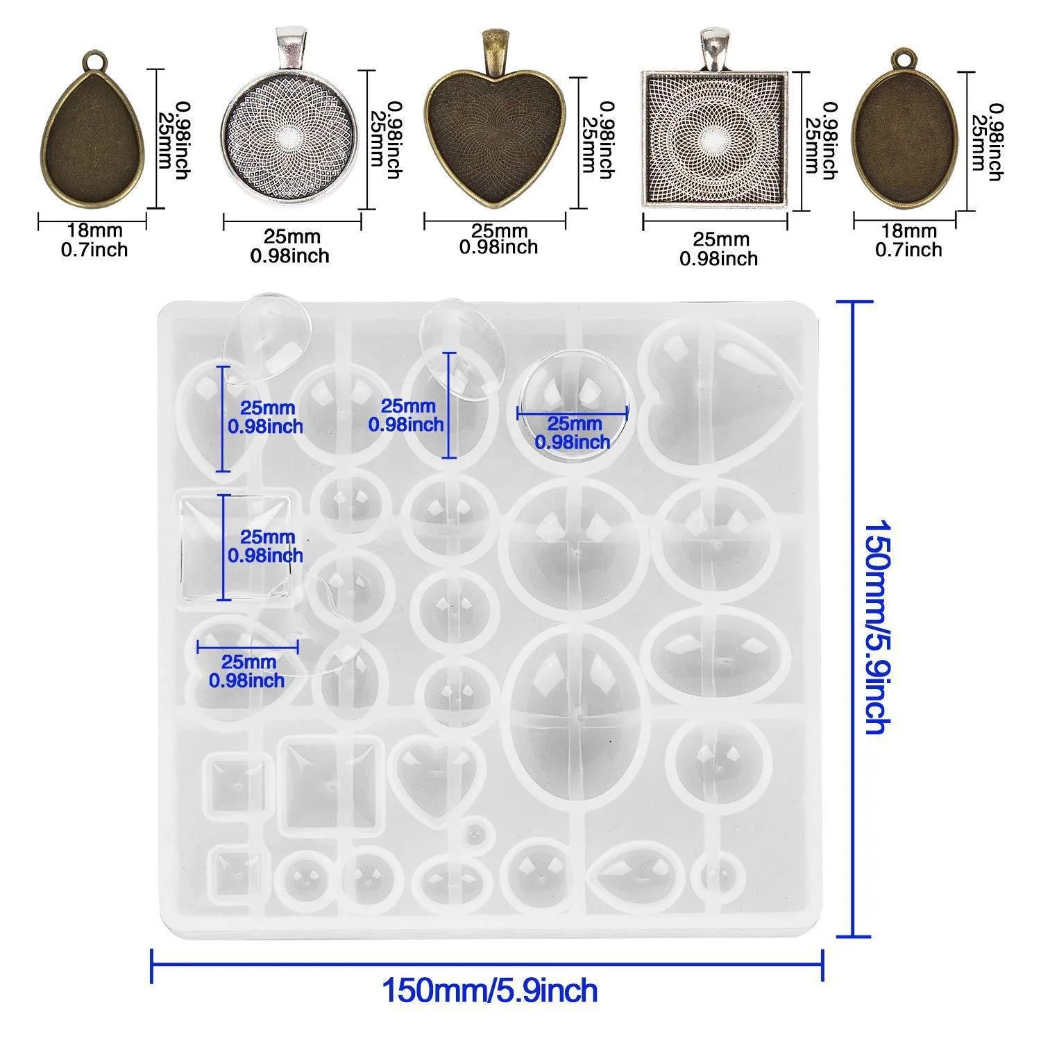Wholesale  Silicone Mold Set for Alloy Pendant Including Round Square Heart Elliptical Designs Packaged in OPP Bag