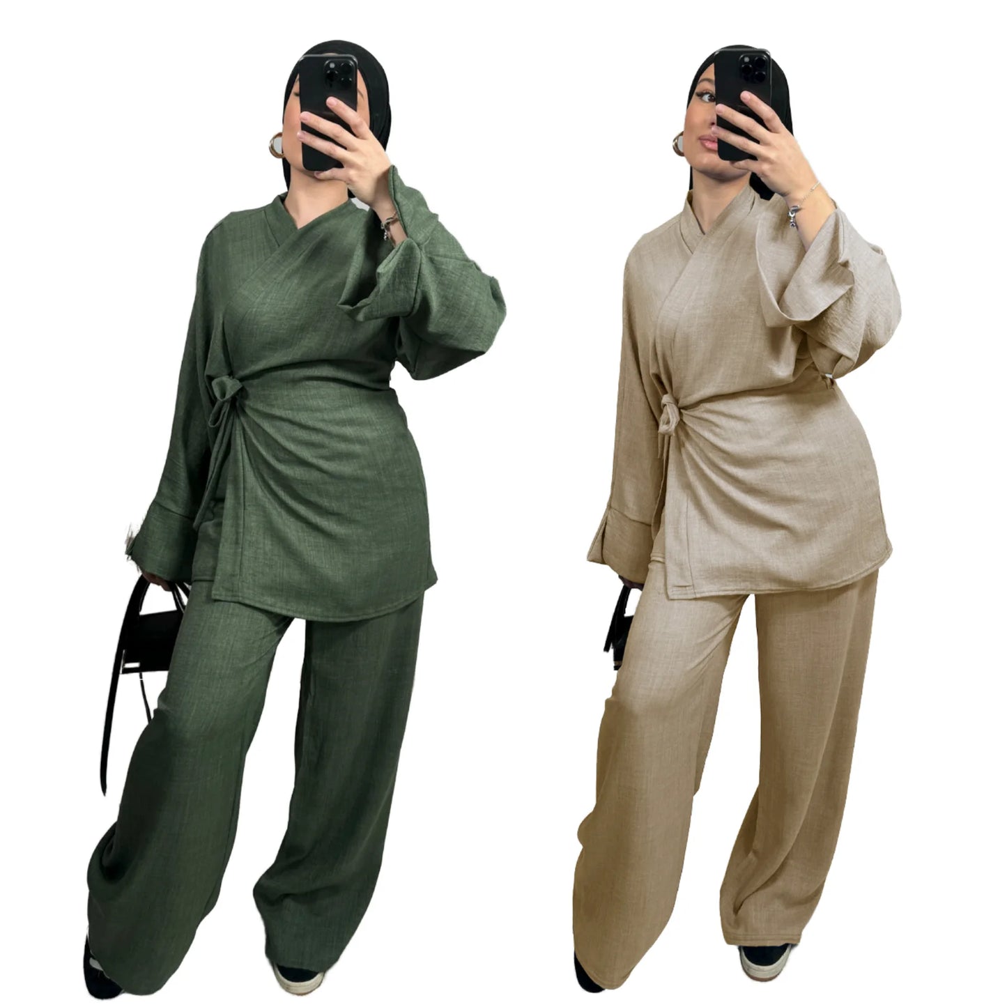 2025 Abaya Muslim Women Kimono Abaya 2pc Set Daily Wear Wrap Style Tunic Pants Suit Modest Islamic Clothing