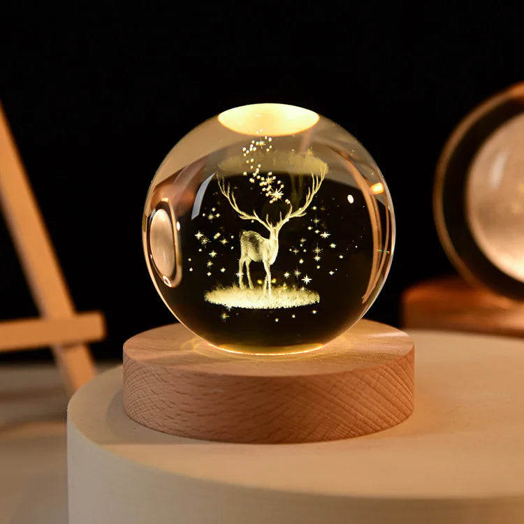 3D Laser Engraved Snowman Deer LED Light Glass Ball Warm White Christmas Crystal Ball with Wood Base for Holiday Decorations