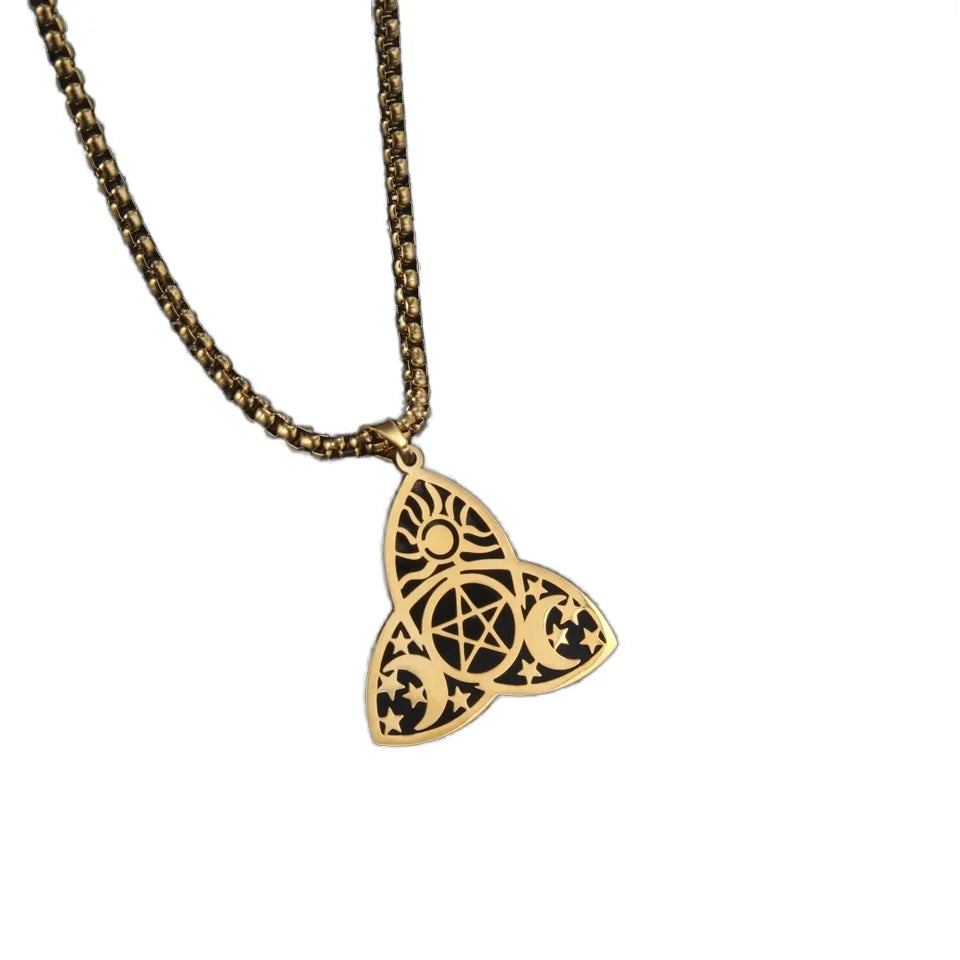 Viking Witch Stainless Steel Jewelry Celtic Knot Pendant Necklace with Sun Star Moon Triangle Protective Amulet for Gifts