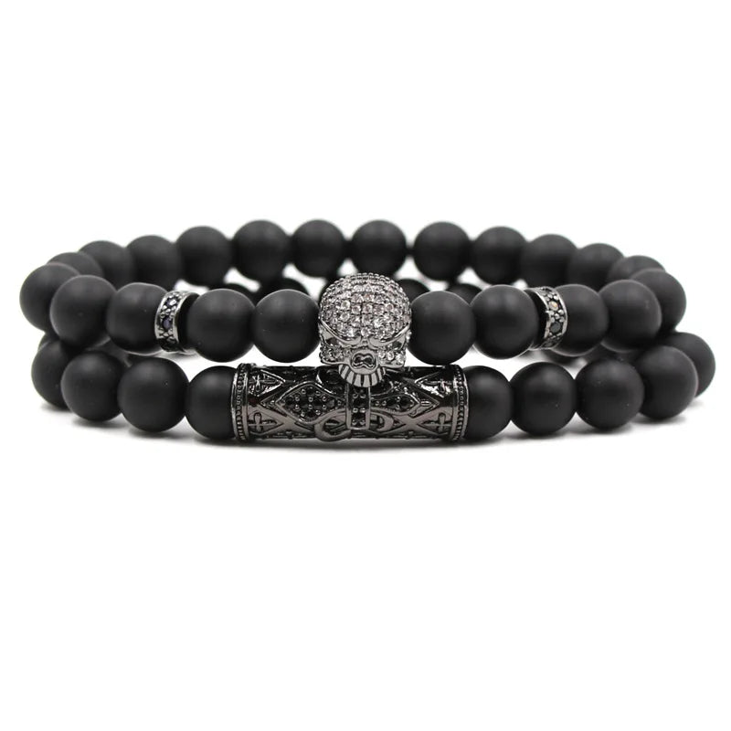 Popular Fashion Jewelry Elastic Bracelet Micro-Inlaid Zircon Curved Pipe Micro-Inlaid Skull Set Frosted Stone-Bangles Bracele
