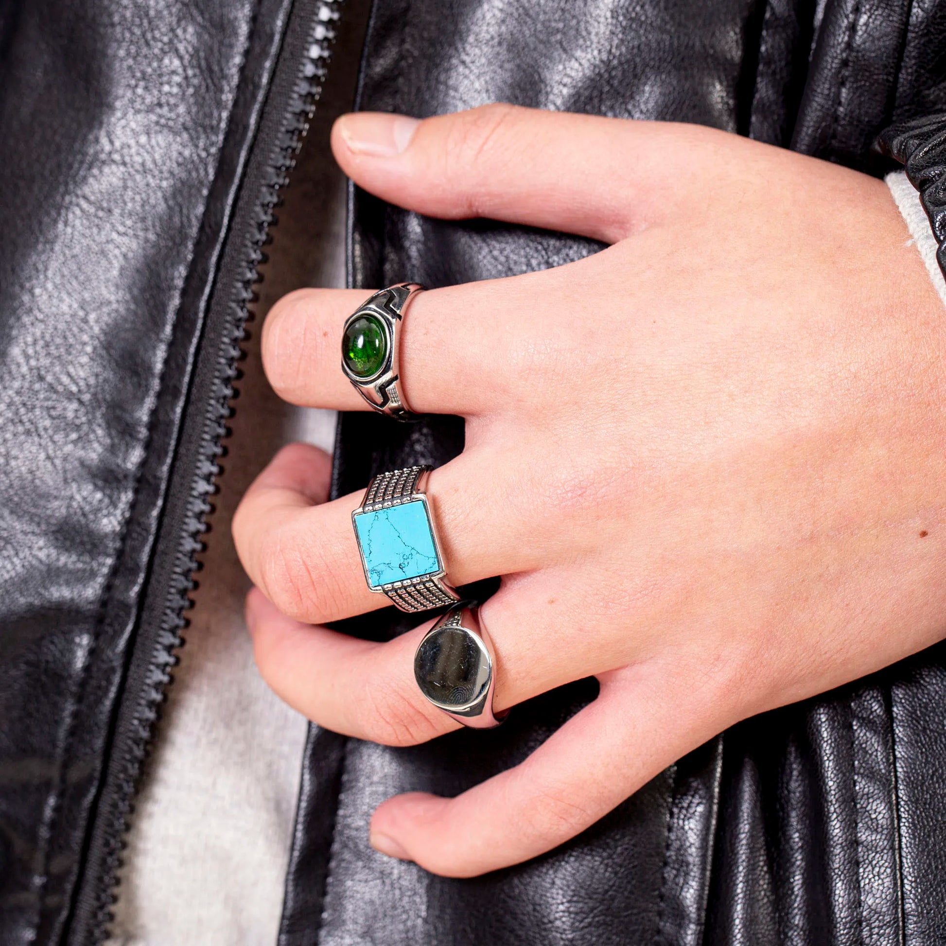 Hot Selling Tiger Eye Blue Turquoise Agate Nature Stone Ring Stainless Steel 18k Gold Plated Rings for Men