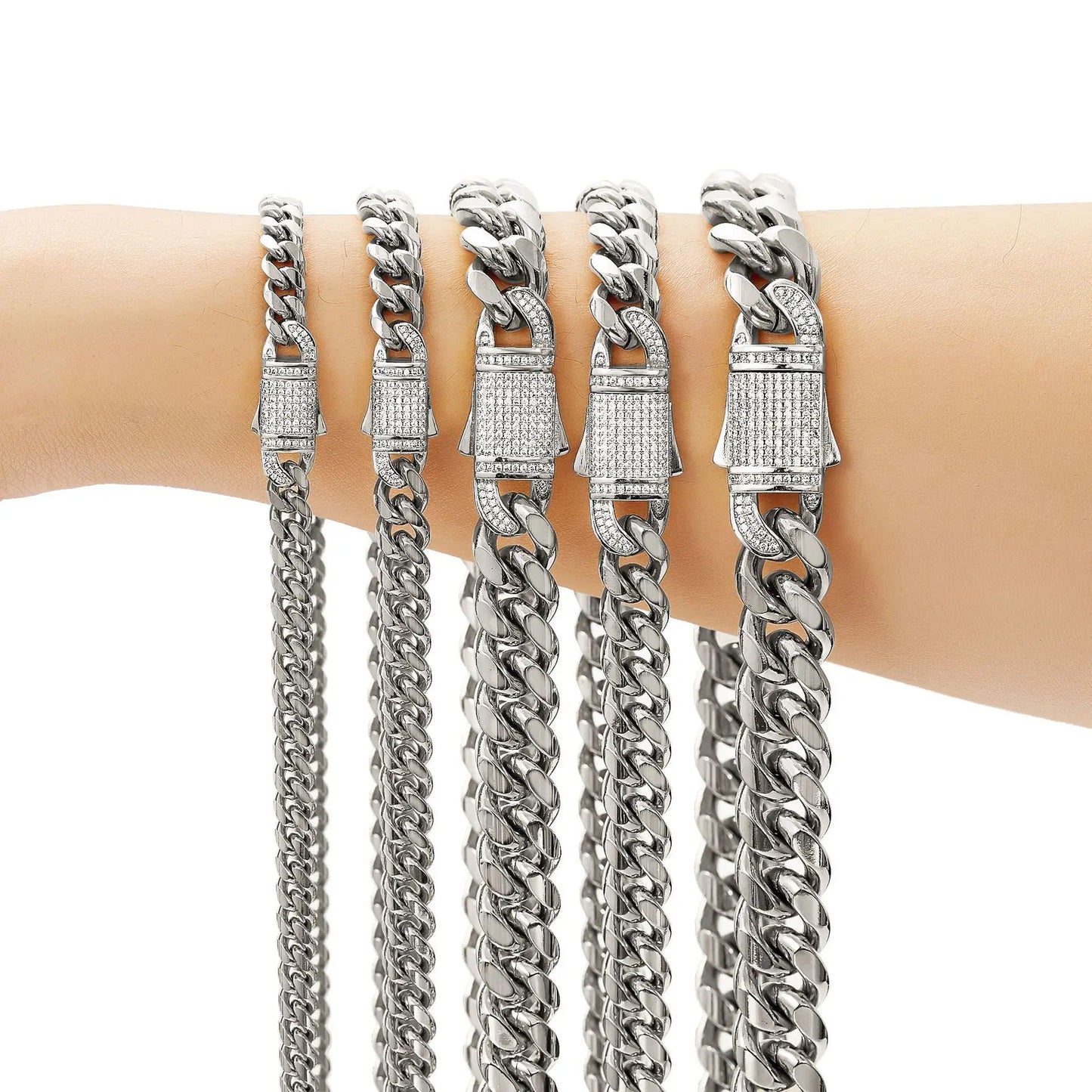 6mm8mm10mm12mm14mm Cuban Chain Stainless Steel Natural Encryption Spring Buckle Micro-inset Zircon Polished Chain