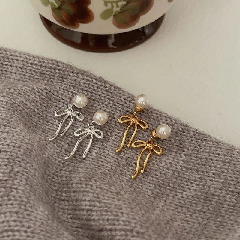 18K Gold Plated Elegant Bowknot Shape Pearl Dangle Drop Earrings Wholesale 925 Sterling Silver Girls Summer Jewelry Gifts