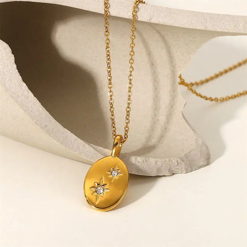 Europe and the United States Fashion Inlaid Zircon Clavicle Chain Titanium Steel Plated 18K Star Elliptical Pendant Necklace