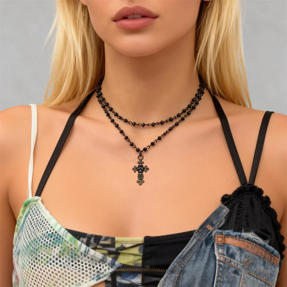 Gothic Black Color Crystal Beads Chain with Cross Pendant Necklaces for Women Cool Girls Neck Chains Accessories Fashion Jewe