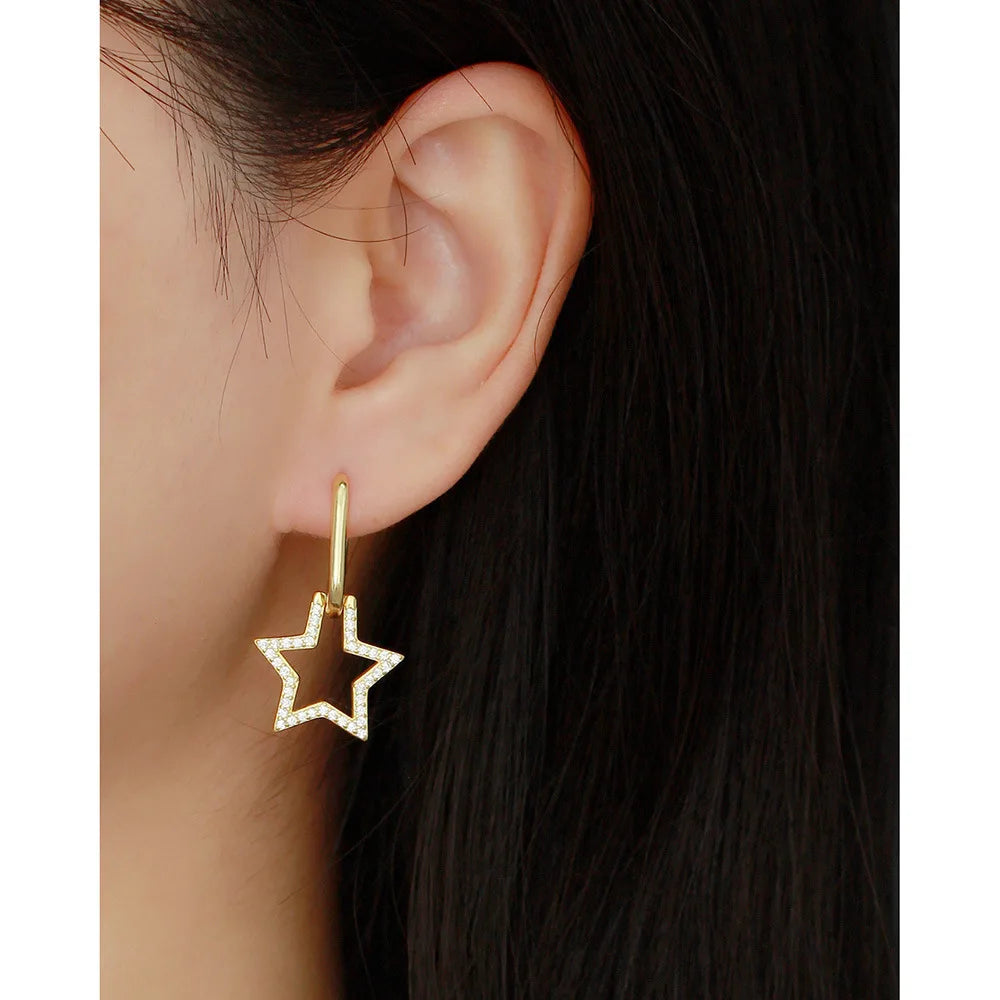 CZ Zircon 18K Gold Jewelry Hot Sales 925 Sterling Silver Big Star Drop Hoop Earrings Women