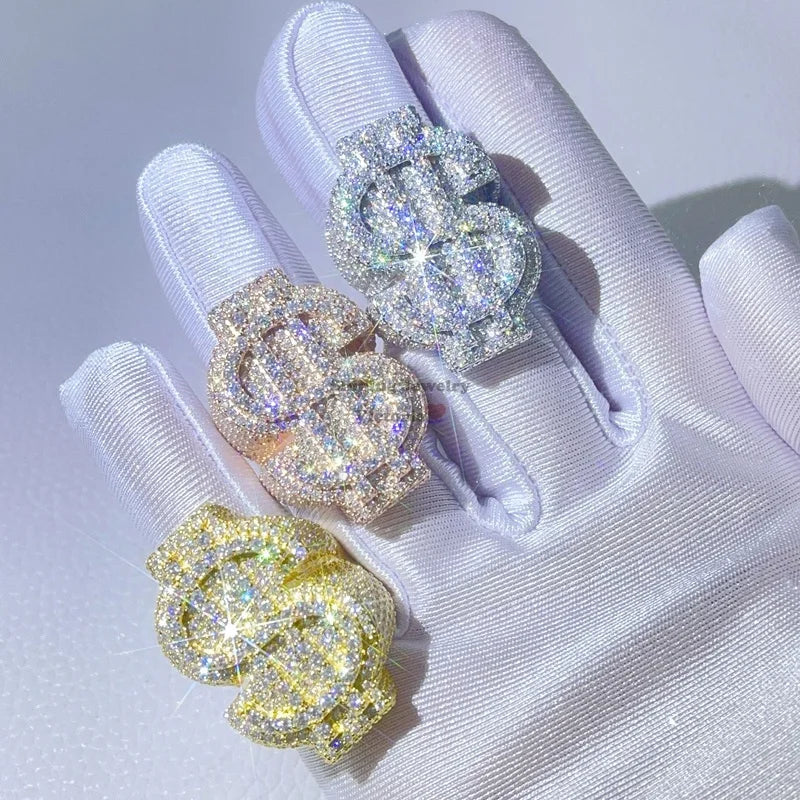 Pass Diamond Tester Hip Hop Iced Out Dollar Sign Vvs Moissanite Diamond Men Rings Silver 925