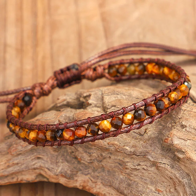 New Fashion 100% Handmade Woven Jewelry Natural Cut Precious Real Yellow Tiger Eye Stone and Leather Men's Bracelets for Wome