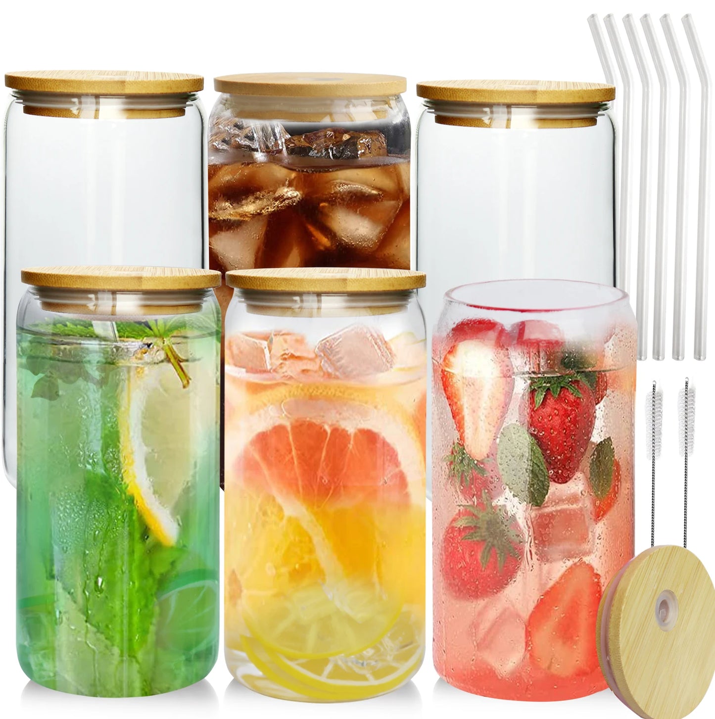 JM Wholesale Custom Logo High Borosilicate 12oz 16oz 20oz Beer Can Shape Glass Leak-Proof BPA Free Lid Bamboo Straw Soda Cup