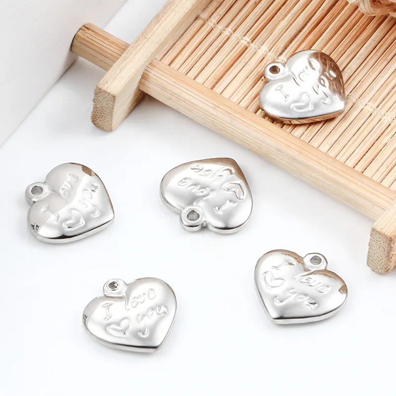 Stainless Steel Heart-Shaped Pendant Mirror Polished & Engraved 'I Love You' Popular DIY Jewelry Findings Components
