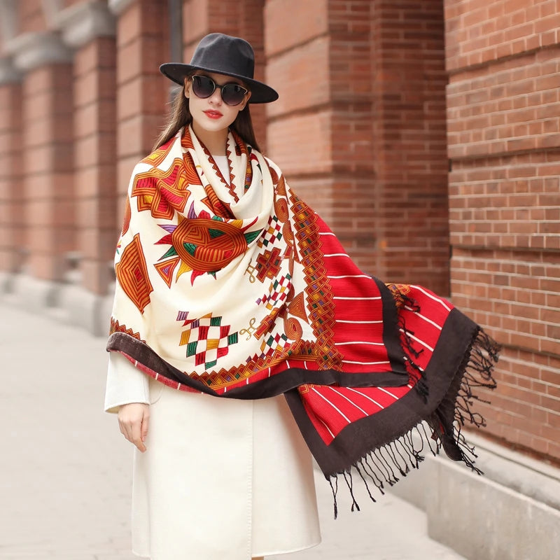 Red Luxury Geometric Design Merino Wool Extra Large Scarf Shawl Wrap for Women Winter Oversized Floral Blanket