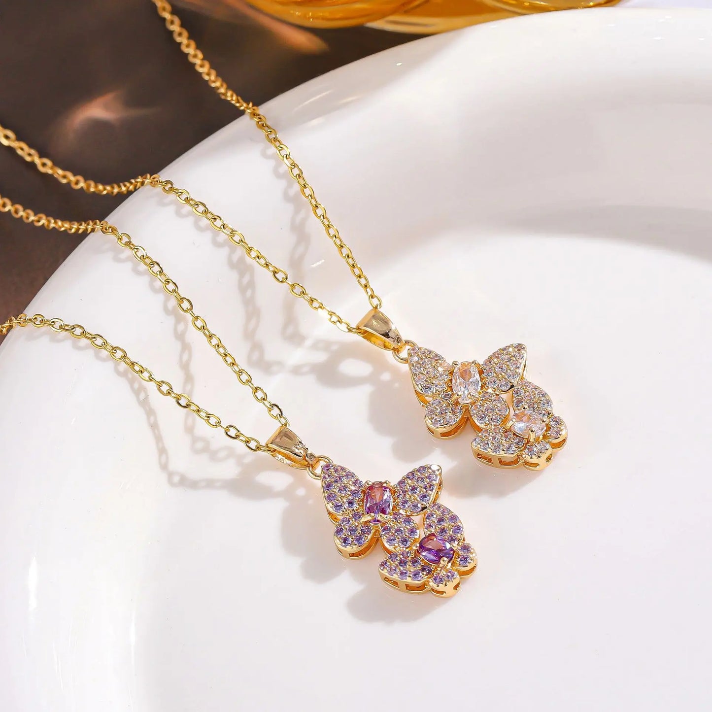 18k Gold Rhinestone Butterfly Pendant Necklace Crystal Amethyst Double Butterfly Necklace Stainless Steel