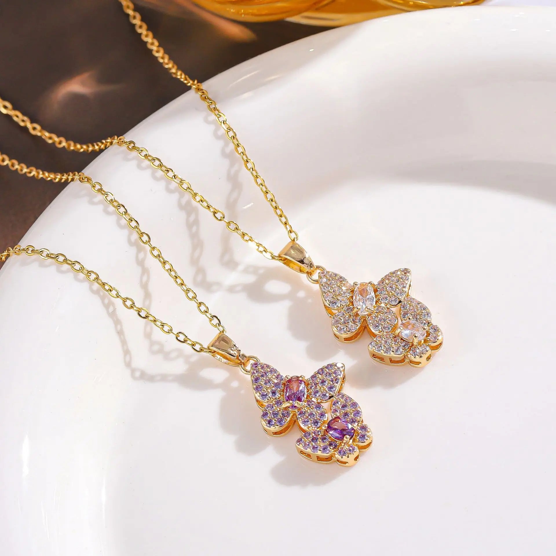 18k Gold Rhinestone Butterfly Pendant Necklace Crystal Amethyst Double Butterfly Necklace Stainless Steel