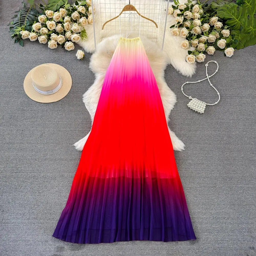 SML Summer Fashion Hanging Neck Open Back Loose A-line Dress Gradient Color Dress Beach Vacation Dress