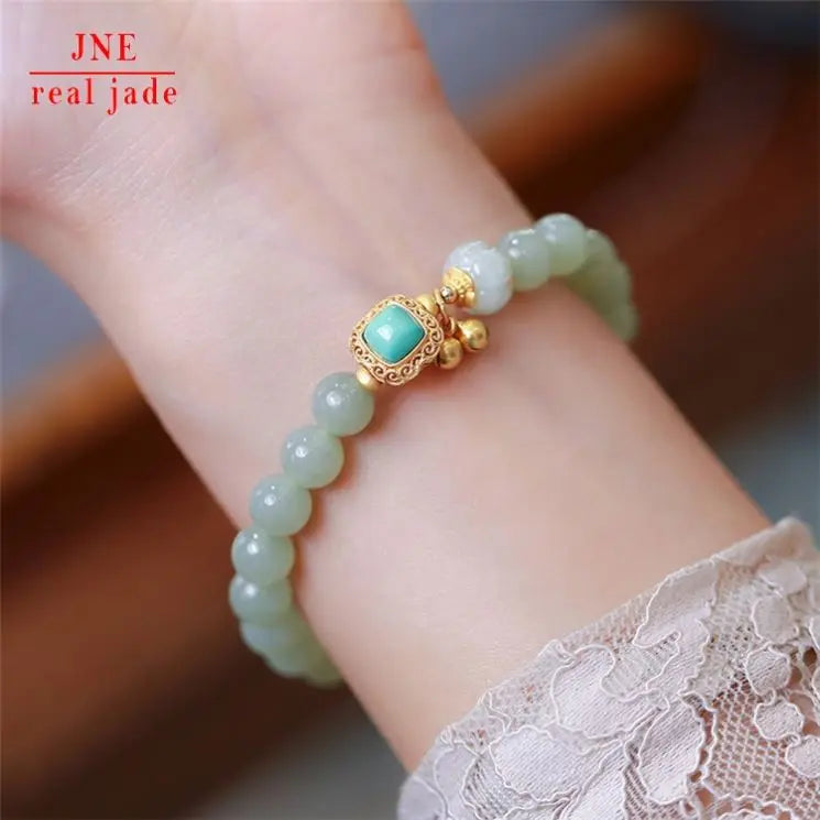 Natural Hetian Jade Bracelet Green Pine Fence Emerald Pendant Pumpkin Match Little Bell Shape Accessories Bracelet