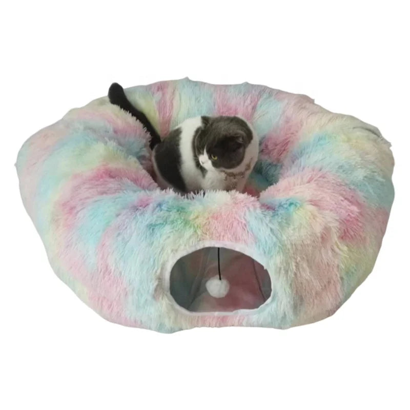 Luxury Polyester All Seasons Collapsible Foldable Cat Tunnel Play Bed with Hanging Ball for Cats