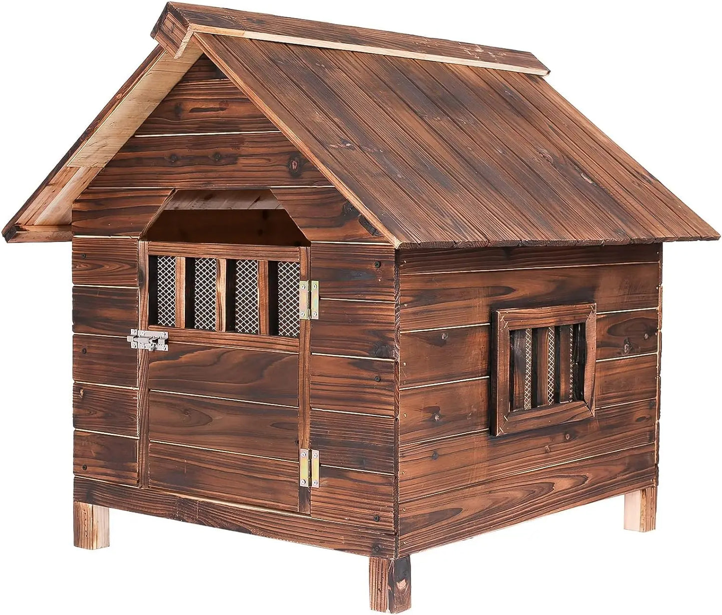 Outdoor Pet House with Doors & Windows Weatherproof Wooden Kennel Dog House for Outdoor