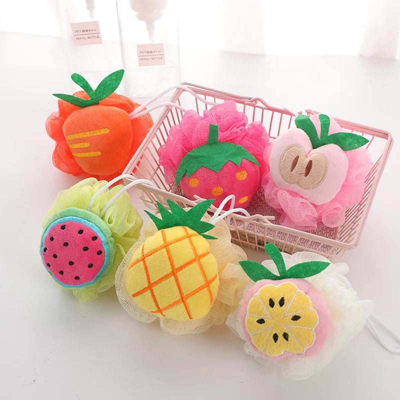 Colorful Cartoon Fruit Loofahs Mesh Pouf Shower Ball for Kids Soft and Gentle Body Scrubber Balls for Bath and Shower