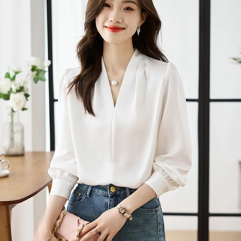 Women's Autumn Summer Temperament V-neck Blouse Light Mature Style Satin Chiffon Shirt Top 8910#