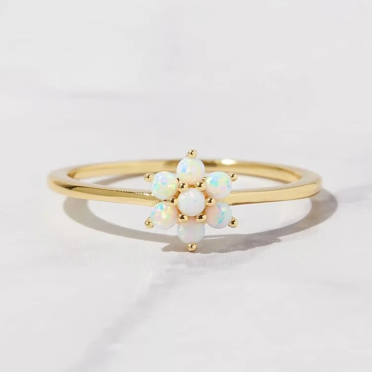 Dainty 14k Gold Plated 925 Sterling Silver Gemstone Opal Flower Cluster Ring for Women